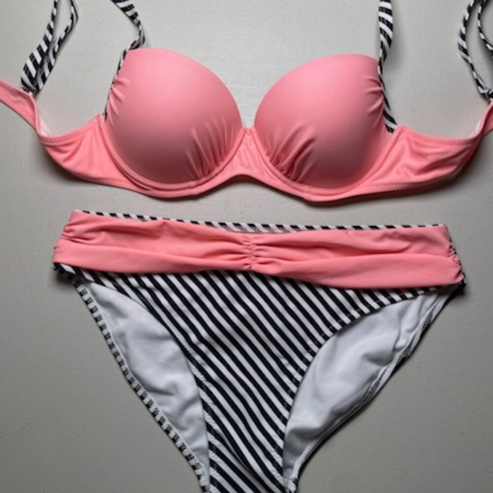 Actloe Colorblock Push Up Striped Bikini Swimsuit, Size Medium